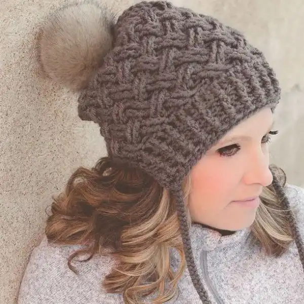 Diagonal Weave Pom Pom Slouch