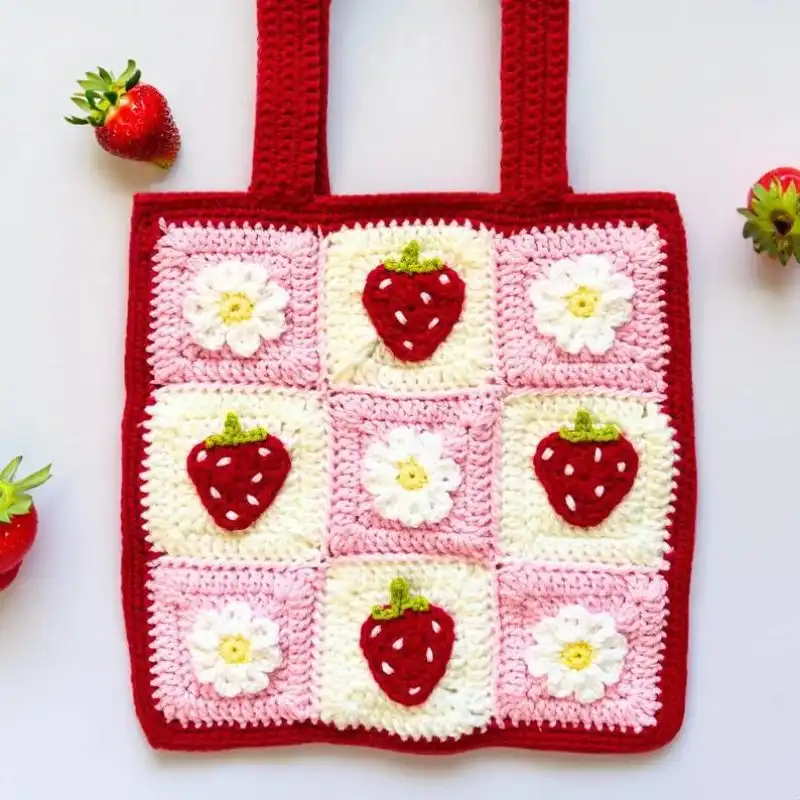 Crochet Strawberry Granny Square Tote Bag