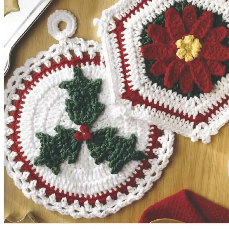 Poinsettia And Holly Christmas Potholder